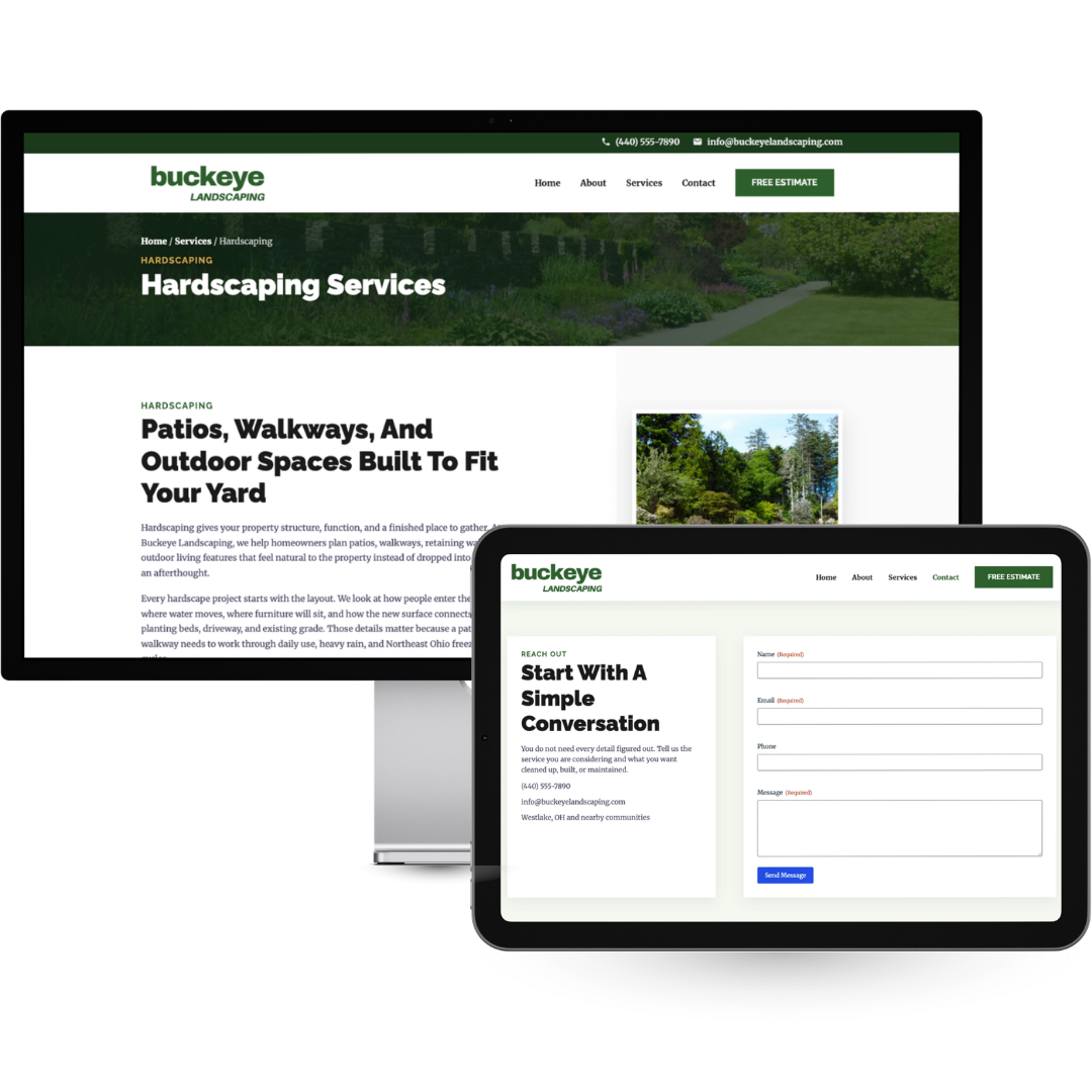 Editable landscaping website shown on desktop and tablet